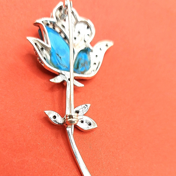 Stabilized Natural Blue Turquoise & Marcasite 925 Sterling Silver Rose‎ Brooch - Picture 4 of 10